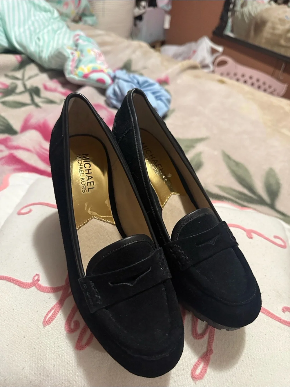 Michael Kors Black Suede Wedge Loafers